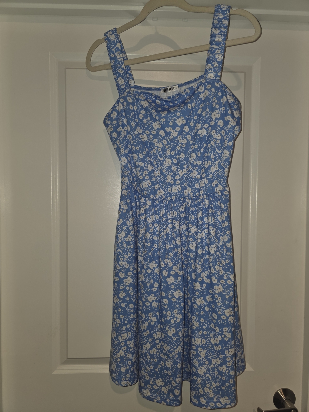 Blue Floral Midi Dress with Square Neck and Wide Straps